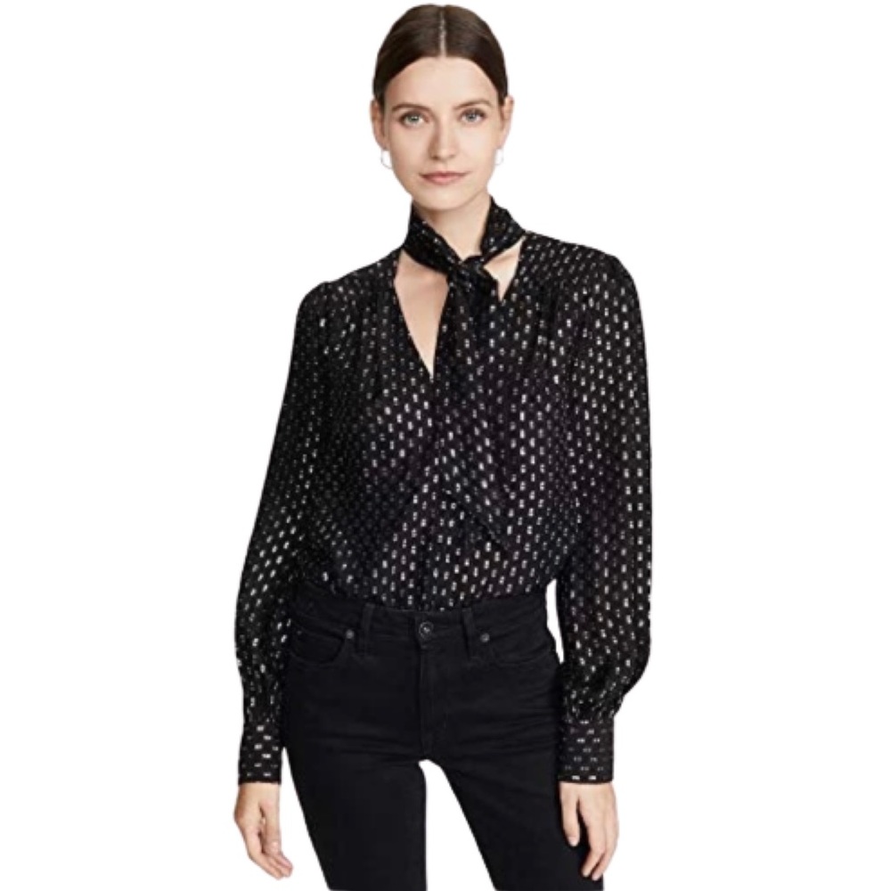 🌟HOST PICK🌟 PAIGE Silk Black Metallic Dot Cleobelle Tie Blouse- Size XS